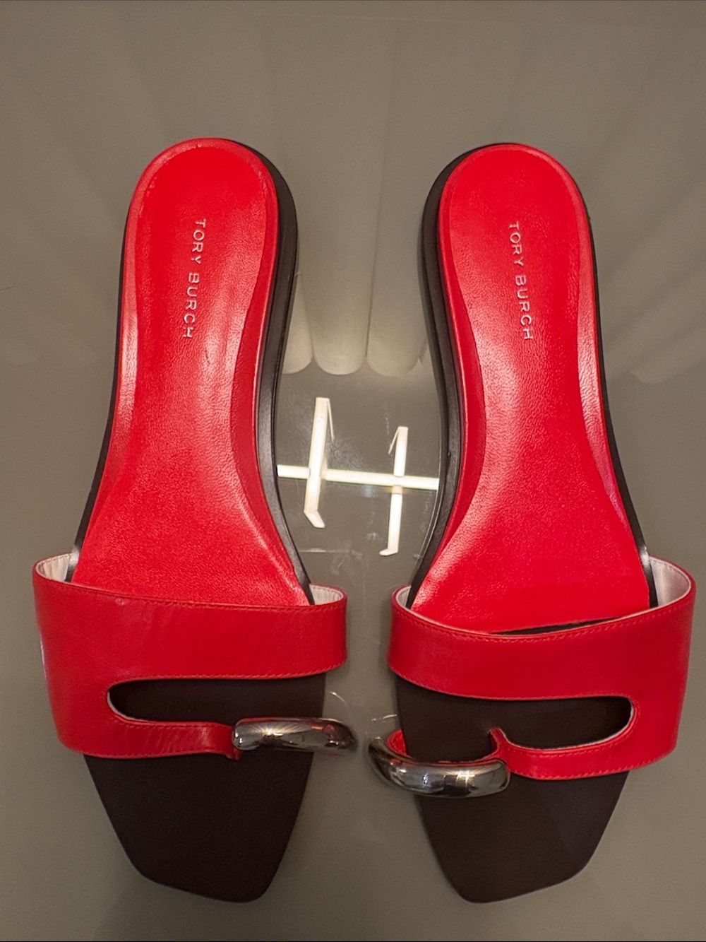 Tory Burch Red Leather Slide Mules with Silver Accent